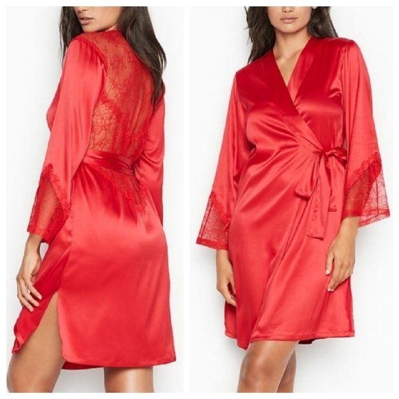 Victoria's Secret Red Satin Lace Back Wrap Kimono Robe - Picture 1 of 7
